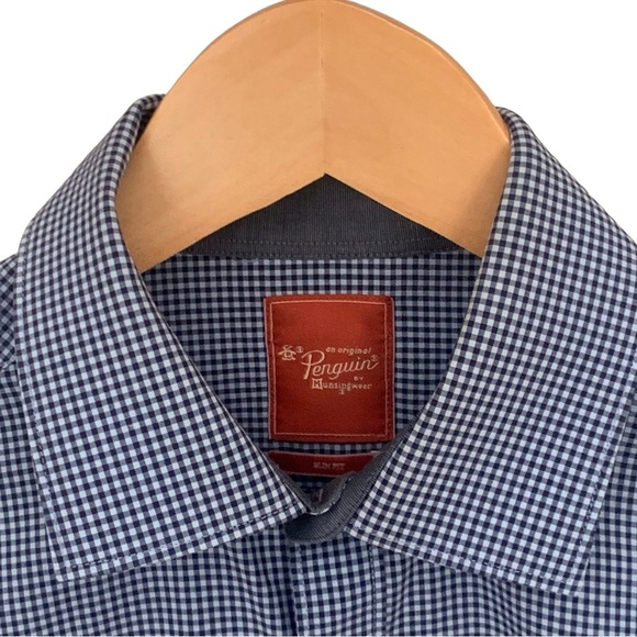 ORIGINAL PENGUIN Slim Fit Button Up Shirt Spread Collar Blue Checked 100% Cotton - Picture 4 of 11